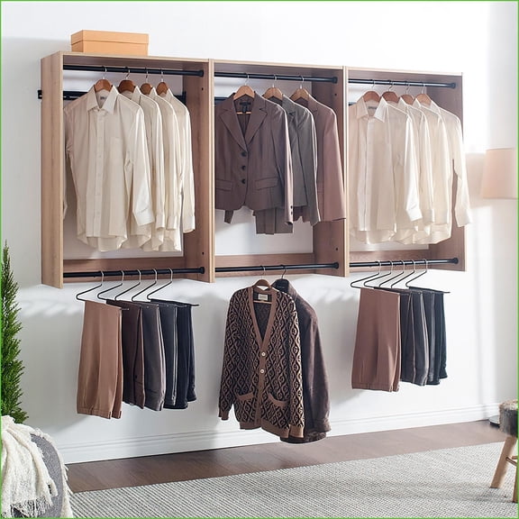 Closet System, Devi Modern Wall-Mounted Modular Oak Finish with Storage | Oak | Wood