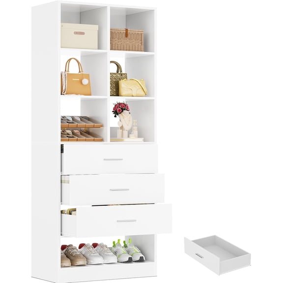 Closet System Organizer with 3 Drawers and Partition Storage, Freestanding Wardrobe Organizer Modular with Shoe Shelf, Expandable for Walk-in or Reach-in Closets, White