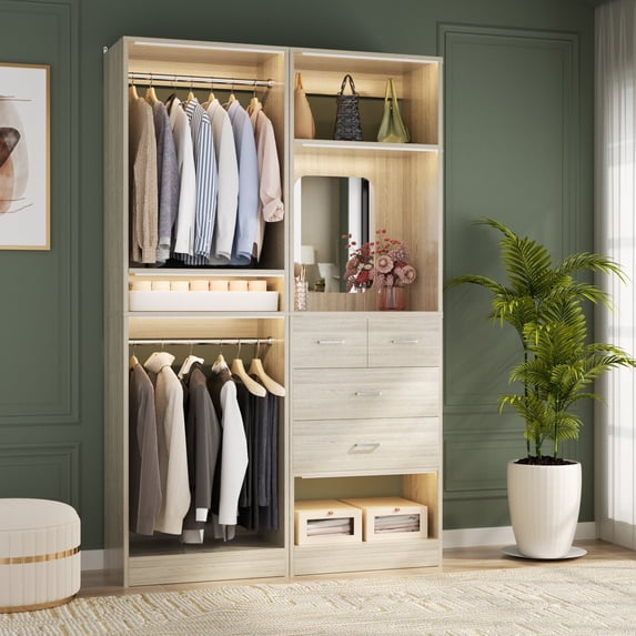 Closet System Set of 2 - iSunirm 50'' Closet Organizer System Set, Freestanding Closet Organizer with Drawers & Hanging Rods, Heavy Duty Wood Walk in Closet Tower, 50"W x 16"D x 80"H, White Oak