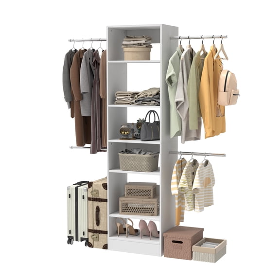 Closet System, Walk-In Organizer with Adjustable Shelves & 5 Expandable Rods, 4-9Ft, White