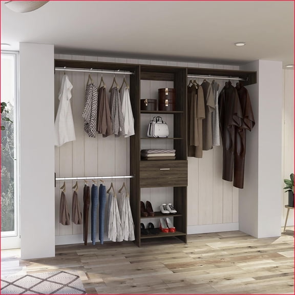 Closet System with 1 Drawer, 3 Metal Rods, 5 Open Shelves | 99.7'' Top | Brown | Particle Board