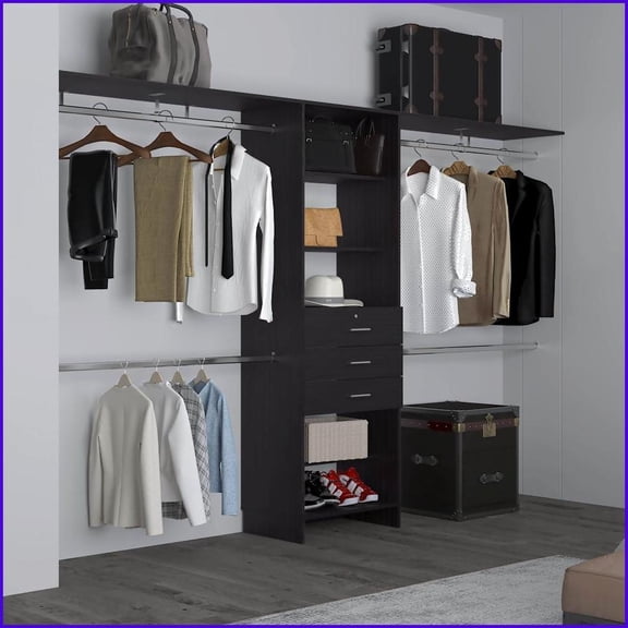 Closet System with 4 Hanging Rods, 6 Shelves & 3 Drawers | Black | Engineered Wood