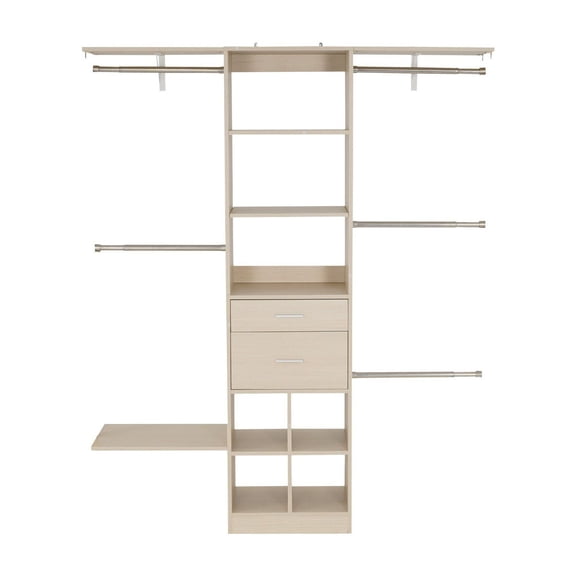 Closet System with Drawers, Adjustable Wooden Organizer, 5 Hanger Rods - Modern Walk-in Wardrobe Storage, Freestanding Garment Rack, Grey