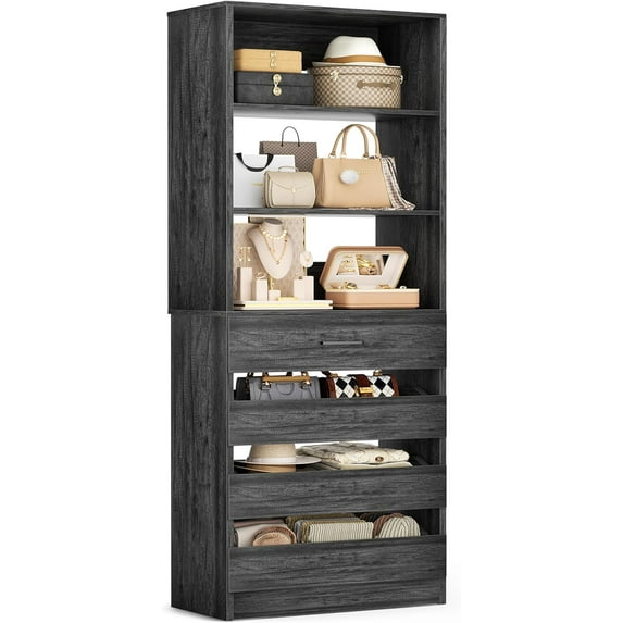 Closet System with Drawers, Wood Closet Organizer with Open Shelves, Modular Drawers Tower, Walk-in Small Wardrobe Rack, Tall Storage Cabinet Unit