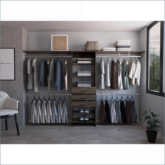 Closet Systems 69"-118"W Adjustable with 4 Rods, 3 Drawers, 5 Shelves | Dark Walnut | Walnut | Engineered Wood