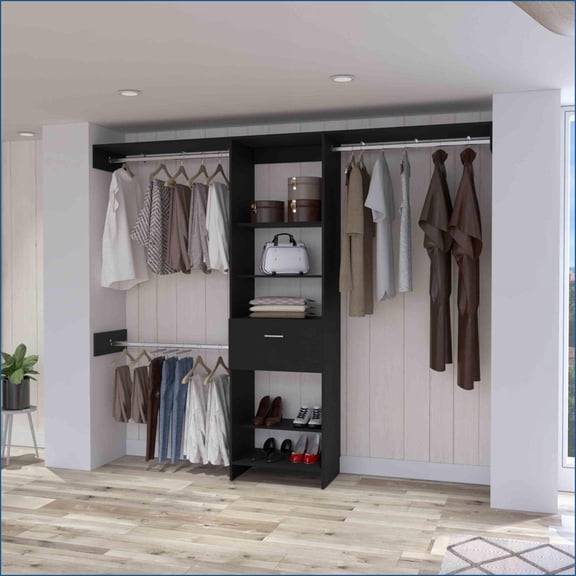 Closet Systems, Modern Organizer with 1 Drawer, 3 Metal Rods, 5 Shelves | 99.7-Inch Top | Black | Particle Board