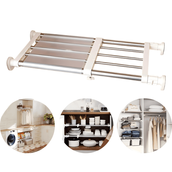 Closet Tension Shelf & Rod Expandable, Adjustable Storage Rack Metal Organizer DIY Divider Separator for Cabinet Wardrobe Cupboard Kitchen Bathroom