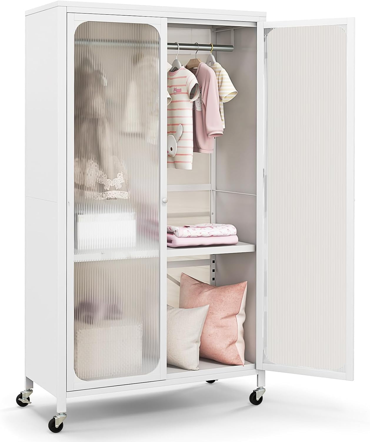 Closet Wardrobe, Portable Closet with Rollers, Mobile Metal Armoire ...