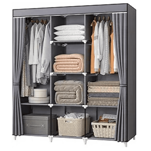 Closet for Hanging Clothes with 2 Hanging Rods, 8 Storage Organizer Shelves for Bedroom, Durable and Easy to Assemble, Grey