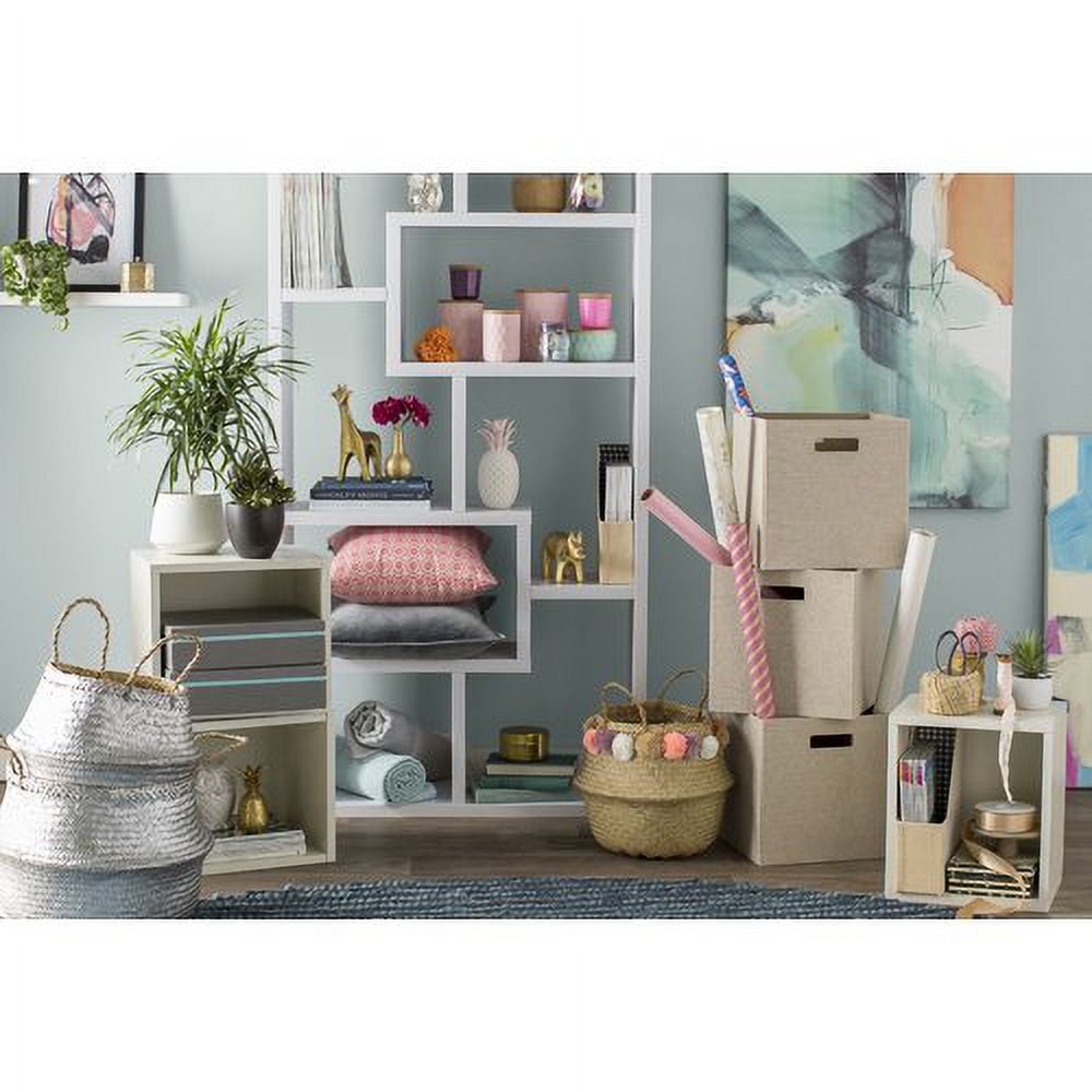Tan Fabric Cube Storage Bin with Dual Handles