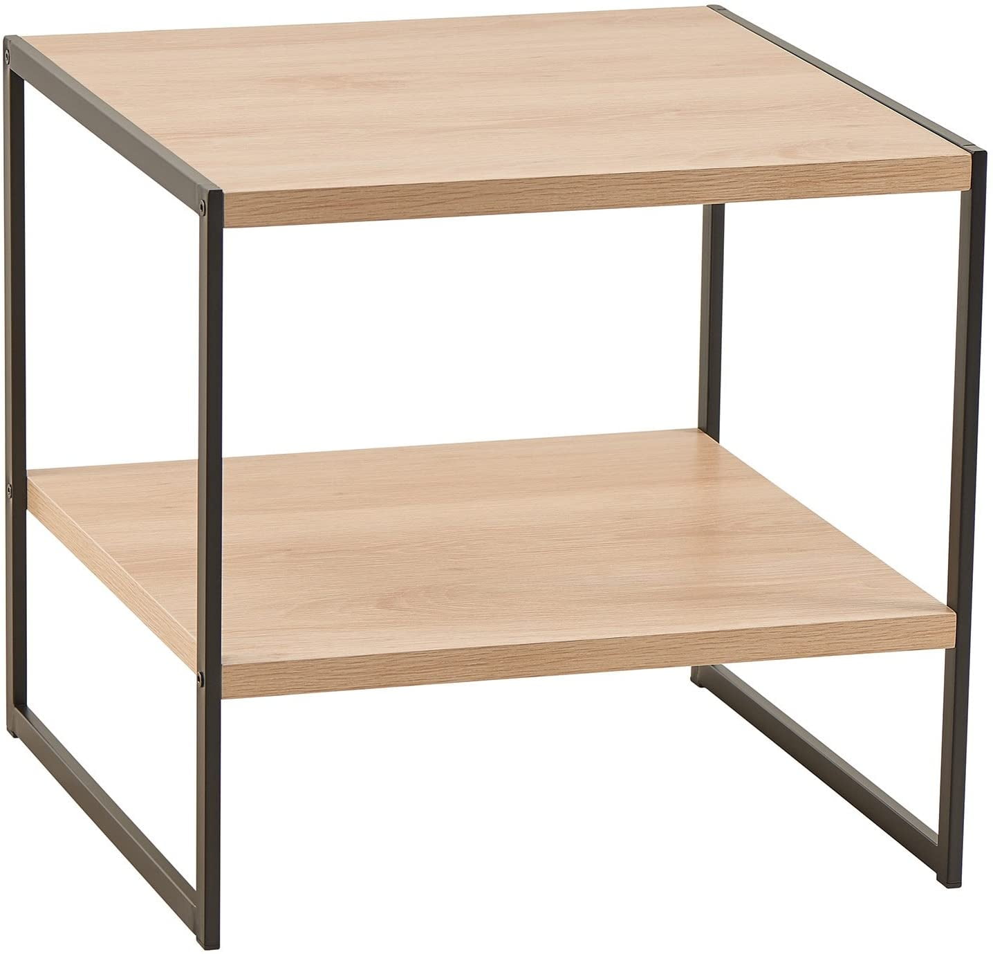 Natural Wood and Black Metal Square Side Table with Storage Shelf