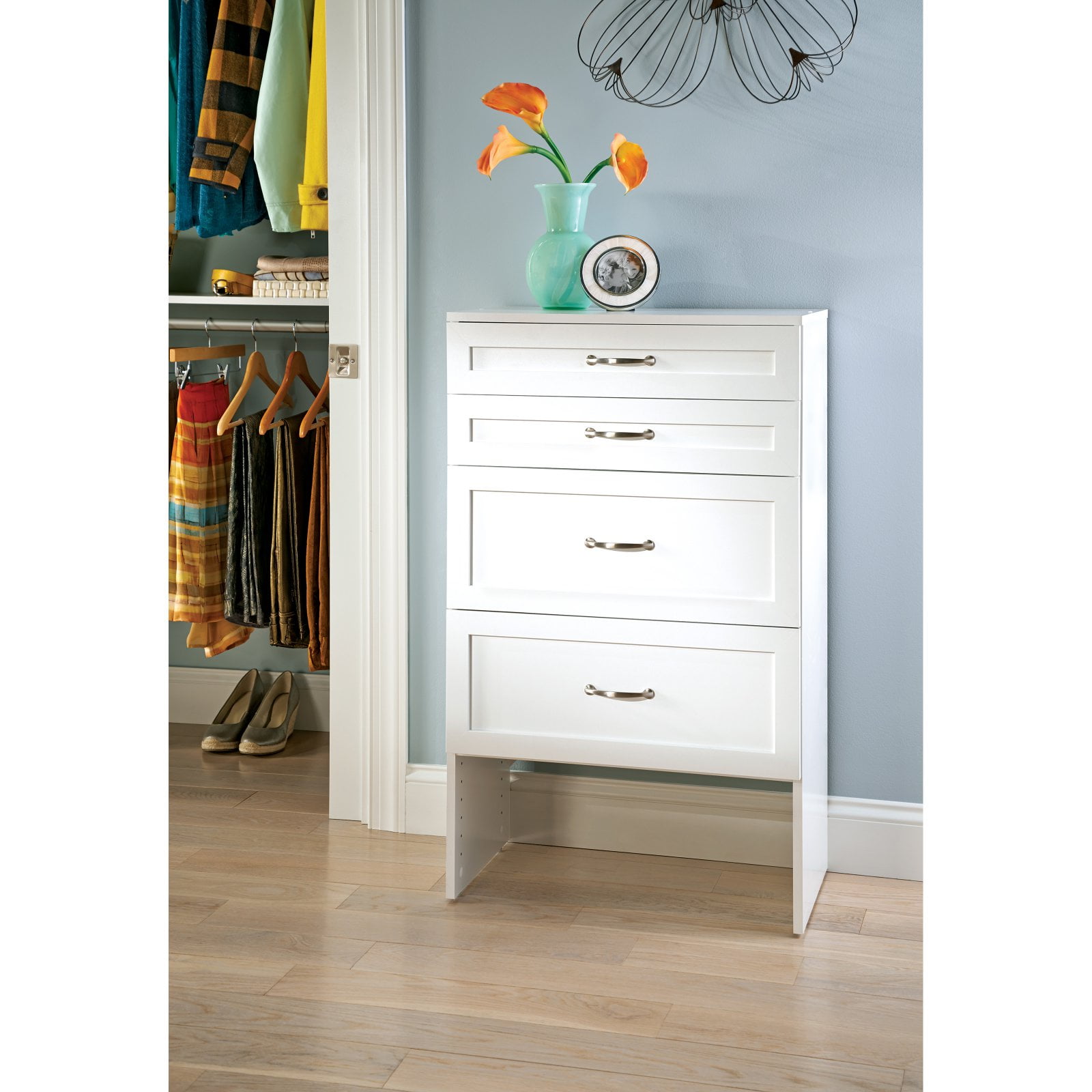 Pure White Adjustable Closet Organizer Kit with Shelves and Rods