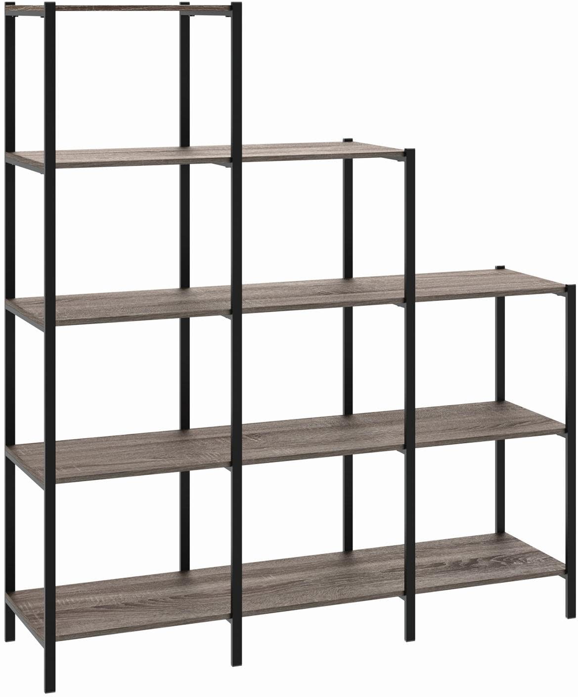 Weathered Gray 5-Tier Ladder Bookcase with Black Metal Frame
