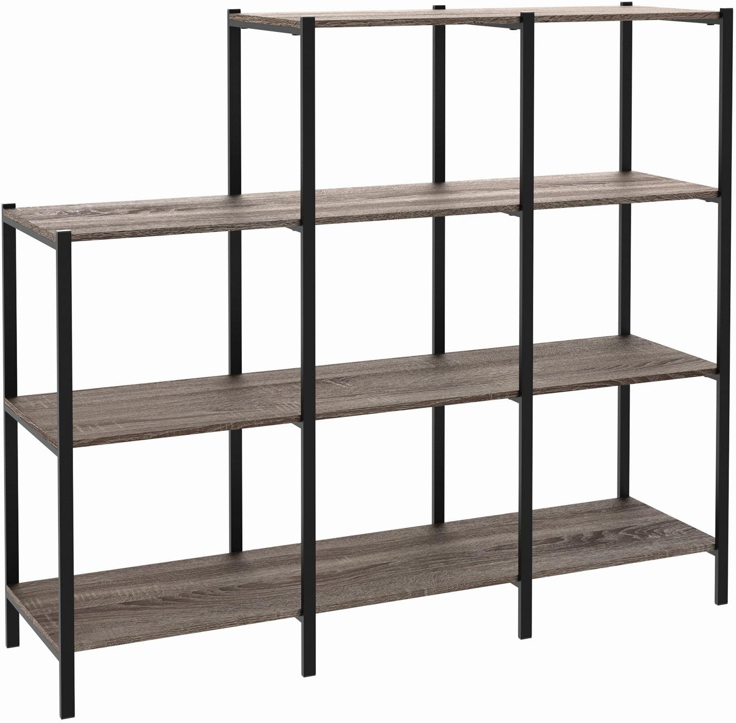 Weathered Gray 4-Tier Industrial Wood and Metal Bookcase