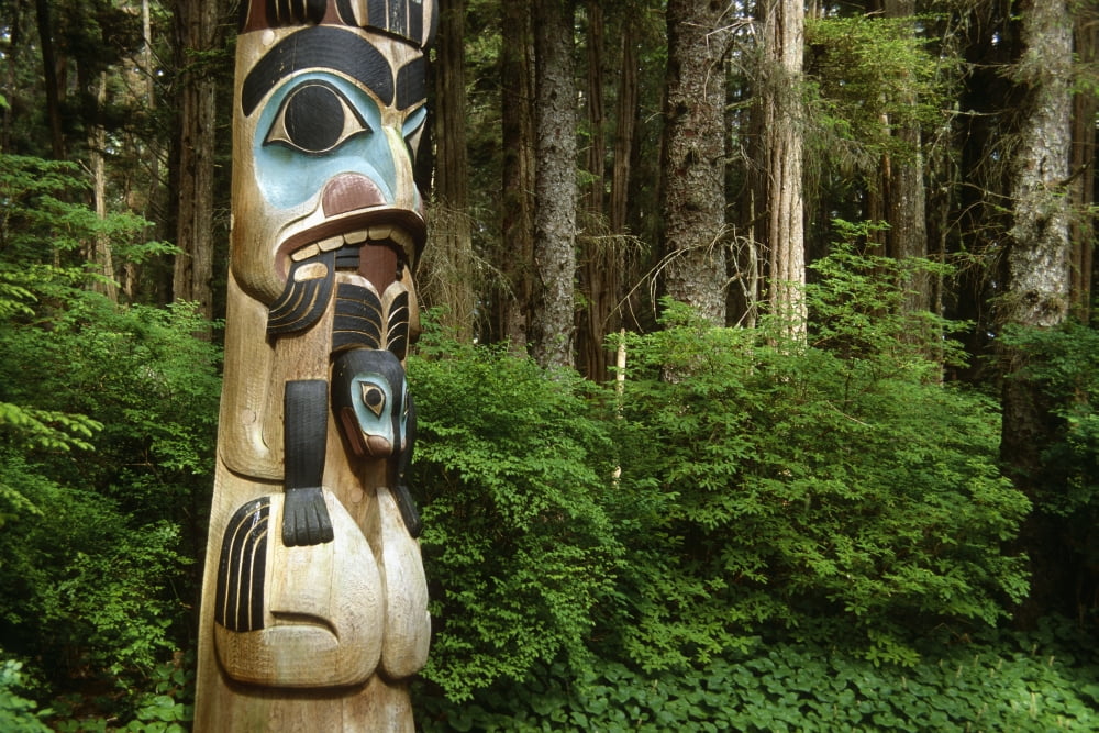 Closeup Of Totem Pole Near Sitka Ak On Baranof Island Tongass National Forest Southeast Summer Canvas Art - Peter Barrett Design Pics (19 x 12)