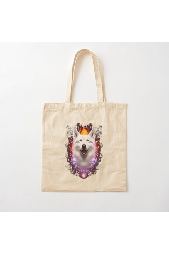 Closeup White Dog Face In Flames And Fractals Canvas Tote Bags, Reusable Shopping Bag
