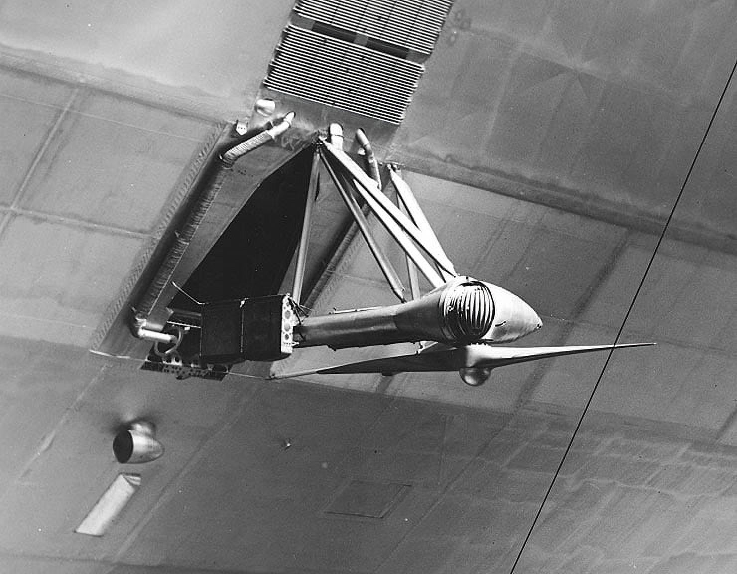 Closeup view of one of the USS Akron's propellers, swiveled to its