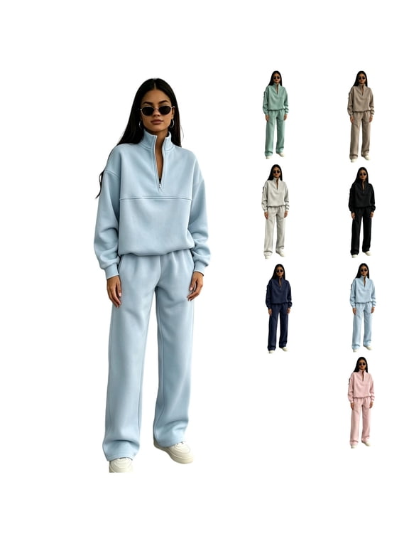 2 Piece Half Zip Lounge Sets for Women Fall Winter Daily Wear Matching Sweatsuits Comfy Athleisure Work Out Lounge Sets S
