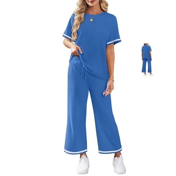 Clossjun 2 Piece Sets For Women Casual Daily Wear Summer Vacation Outfit Sets Short Sleeve Top And Wide Leg Pant Set For Work Night Out L