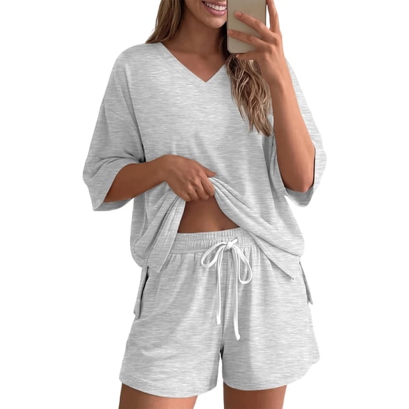 Clossjun 2 Piece Sets for Women Summer Lounge Short Set V Neck Oversized Top & Loose Fit Shorts with Pockets