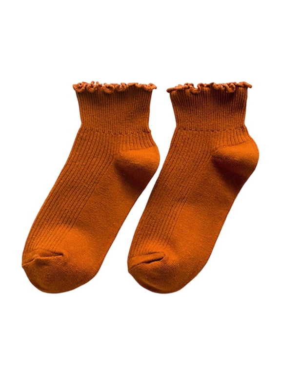 5 Pairs Women Ruffle Crew Socks Soft Fashion Frilly Socks Cute Breathable LightWeight Ankle Socks For Outgoing Back To School Orange