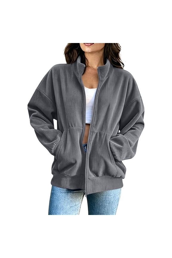 Casual Corduroy Jackets for Women Stand Collar Zipper Coat Long Sleeve Loose Trendy walking Jacket with Pockets