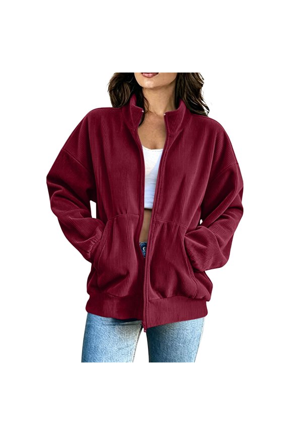 Casual Corduroy Jackets for Women Stand Collar Zipper Coat Long Sleeve Loose Trendy walking Jacket with Pockets