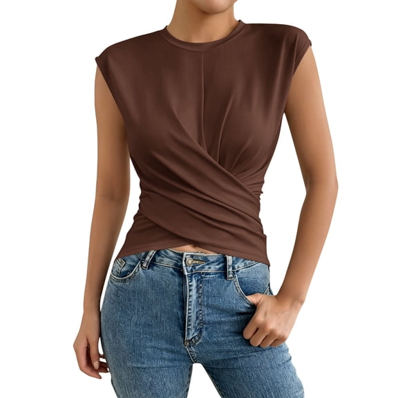 Clossjun Cinched Waist Tops for Women Tie Back Cap Sleeve Crewneck Summer Shirts Casual Front Twist Cross Hem Wrap Top