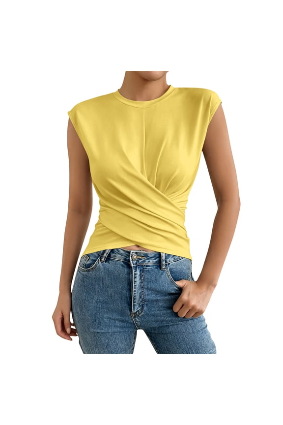 Cinched Waist Tops for Women Tie Back Cap Sleeve Crewneck Summer Shirts Casual Front Twist Cross Hem Wrap Top