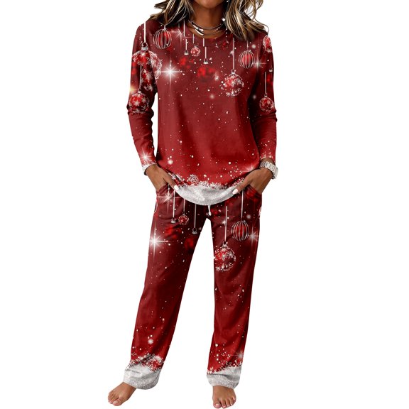 Clossjun Cozy Pajamas Sets for Women Xmas Print Loose Fit Lounge Sets Fashion Casual Outfit Sets for Christmas Party Night Out M