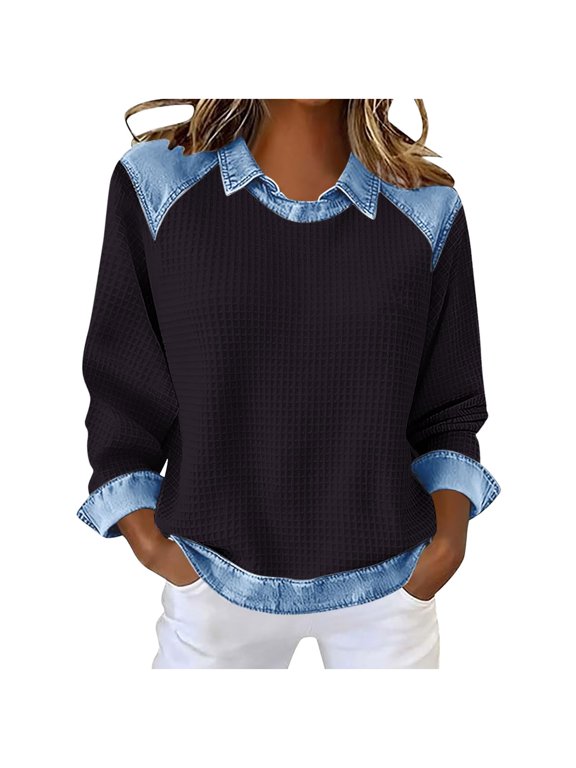 Denim Sweater for Women Collar Jean Long Sleeve Pullover Shirts Knit Cute Tops Vintage Waffle Casual Plus Size Sweaters