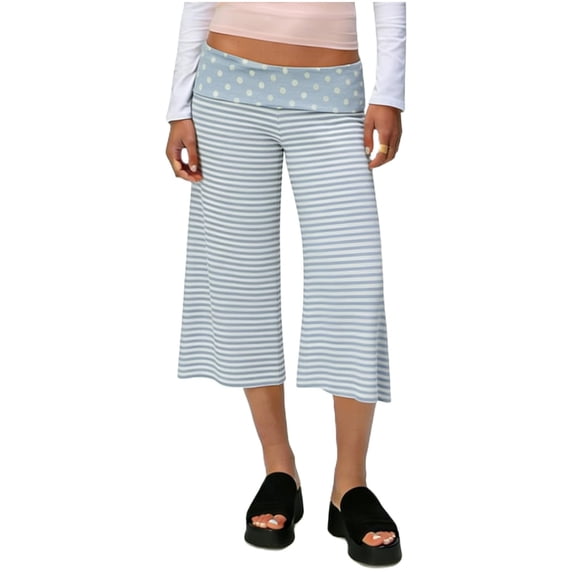 Clossjun Flowy Capri Pants Gaucho Pants for Women Fold Over Wide Leg Low Rise Yoga Capris Foldover Cropped Leggings Summer