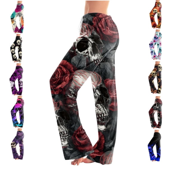 Clossjun Halloween Pajama Pants for Women Cozy Wide-Leg Novelty Holiday Pumpkin Ghost Bat Print Bottoms Nightwear M