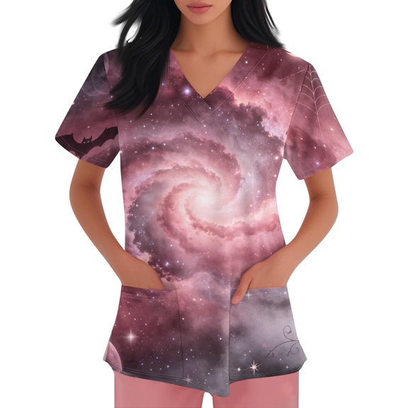 Clossjun Halloween Scrub Tops Women Plus Size V Neck Ghost Print Scrub Uniforms Stretchy Medical Nursing Top with Pocket