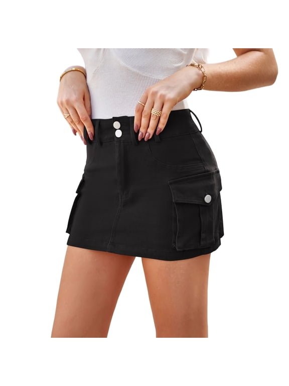 High Stretchy Denim Cargo Skort for Women, High Waist, Casual Mini Y2K Jean Skirt Shorts with Pockets