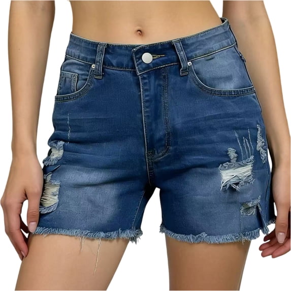 Clossjun Jean Shorts Women Trendy High Waisted Stretchy Ripped Denim Summer Frayed Raw Hem Mom Long Shorts Cutoff Jorts