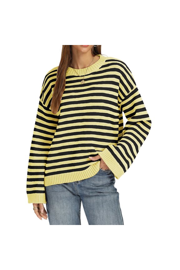Knit Sweater for Women Striped Crew Neck Long Sleeve Casual Loose Fit| Casual style, fall and winter piece, soft acrylic cotton blend, ribbed hem, Y2K preppy look, soft and comfortable