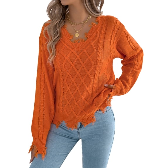 Clossjun Knit Sweater for Women Oversized Distressed Cable Pullover Tops with Frayed Edges Vintage Style Fall Winter Knitwear