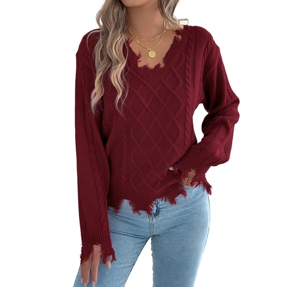 Clossjun Knit Sweater for Women Oversized Distressed Cable Pullover Tops with Frayed Edges Vintage Style Fall Winter Knitwear