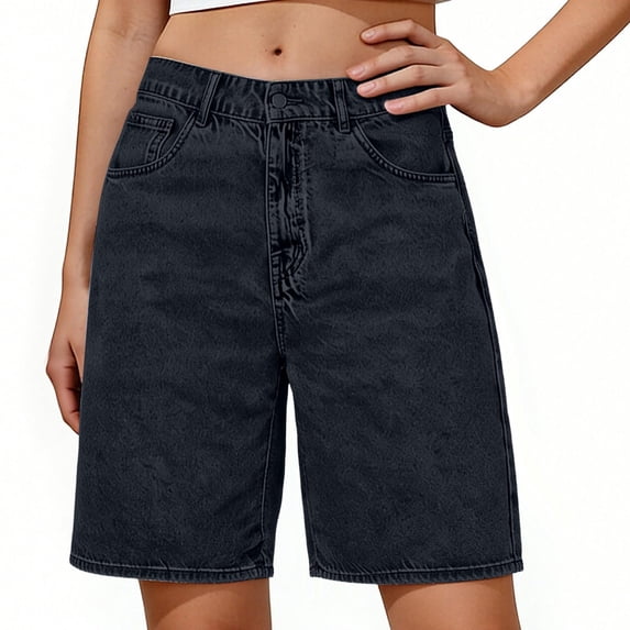 Clossjun Long Knee Length High Waisted Stretchy Cotton Jorts Bermuda Jean Shorts for Women with Pockets Denim Summer Clean Fit