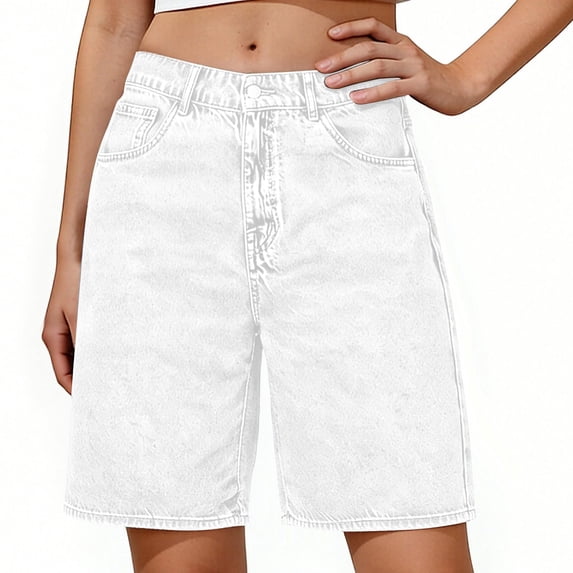 Clossjun Long Knee Length High Waisted Stretchy Cotton Jorts Bermuda Jean Shorts for Women with Pockets Denim Summer Clean Fit