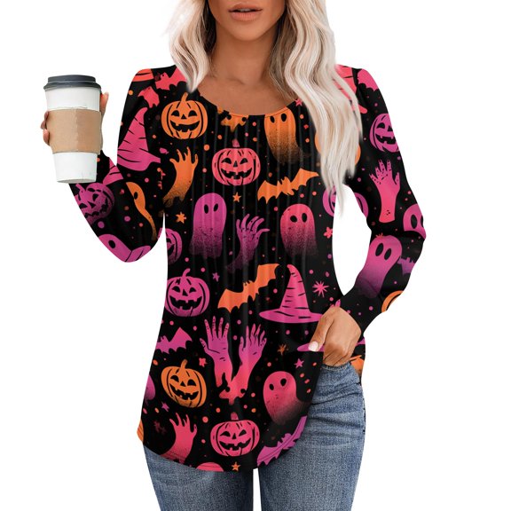 Clossjun Long Sleeve Halloween Shirts for Women Cute Pumpkin Graphic Tee Blouse Fall Casual Crew Neck Retro Cute T Shirts