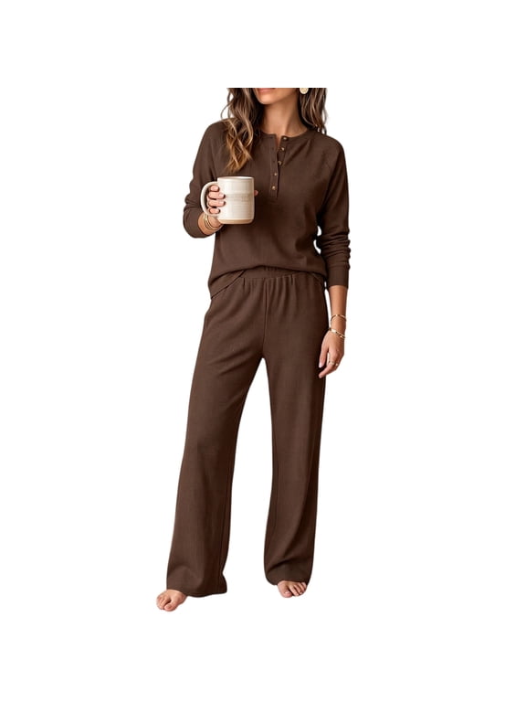 Lounge Sets for Women Fall Travel Fashion Outfits Waffle Knit Henley Top & Wide Leg Pants Comfy Casual Sweater Sets for Work Teacher S