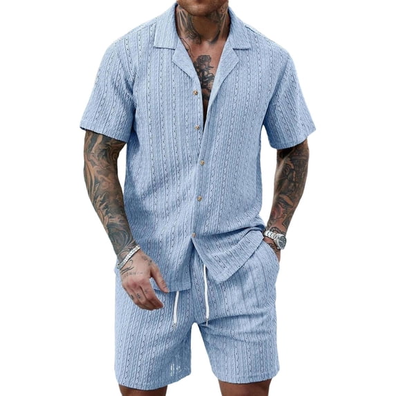 Clossjun Men's Summer 2 Piece Beach Sets Texture Short Sleeve Button Down Knit Shirts and Shorts Vacation Outfits of Men