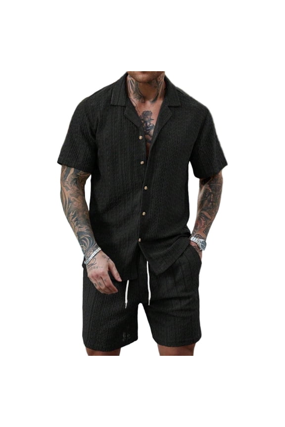 Men's Summer 2 Piece Beach Sets Texture Short Sleeve Button Down Knit Shirts and Shorts Vacation Outfits of Men