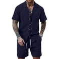 thumbnail image 1 of Clossjun Men's Summer 2 Piece Beach Sets Texture Short Sleeve Button Down Knit Shirts and Shorts Vacation Outfits of Men, 1 of 5