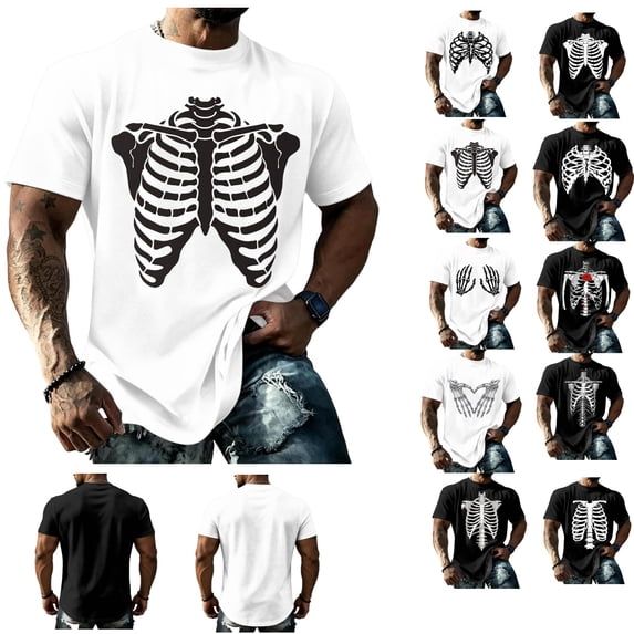 Clossjun Mens Halloween T Shirts Skeleton Chest Print Crew Neck Shirts Short Sleeve Fun Blouses Fashion Party Fit Tops For Halloween Dark Gray 2XL