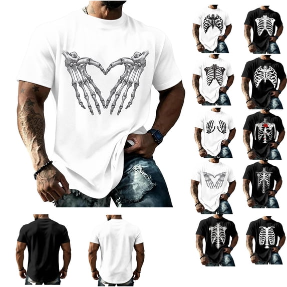 Clossjun Mens Halloween T Shirts Skeleton Chest Print Crew Neck Shirts Short Sleeve Fun Blouses Fashion Party Fit Tops For Halloween Light Gray M