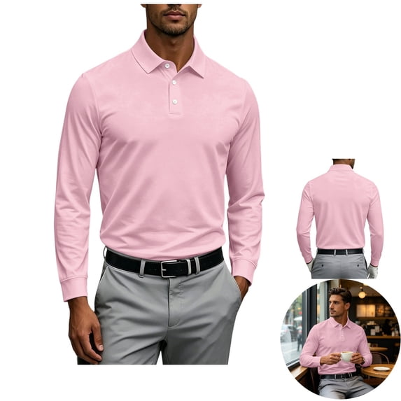 Clossjun Mens Long Sleeve Polo Shirts Relaxed Fit Dress Button Golf Shirt Athletic Breathable Blouses Fashion Casual Tops For Men Work Outgoing Pink L