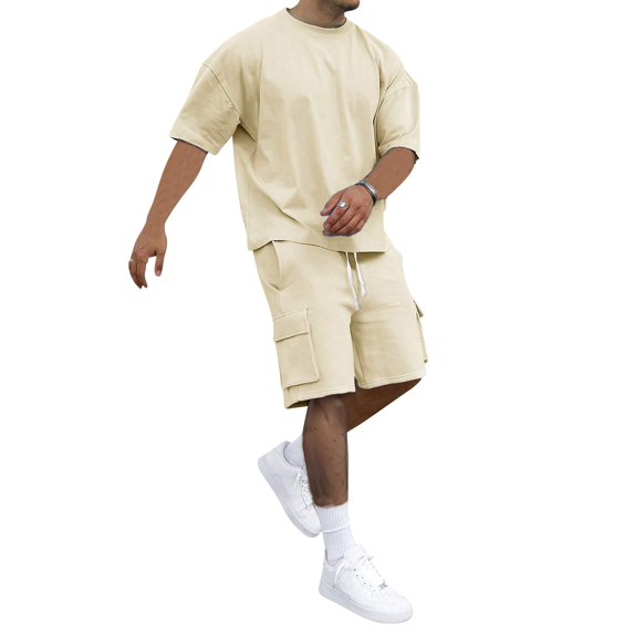Clossjun Mens Short Sets 2 Piece Outfits - Casual Summer Short Sleeve Sweatsuits Sets for Men with Cargo Pocket